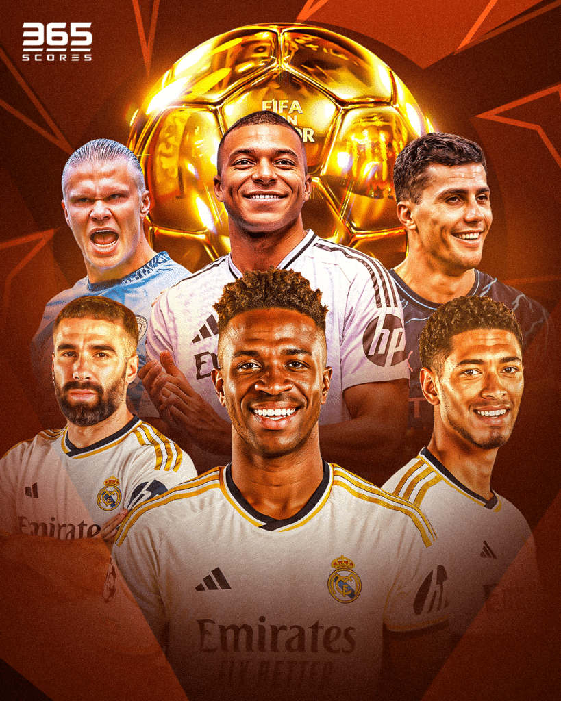 Vinícius Júnior, Kylian Mbappé, Rodri, Dani Carvajal and Erling Haaland 365Scores post of the Ballon d'Or nominees