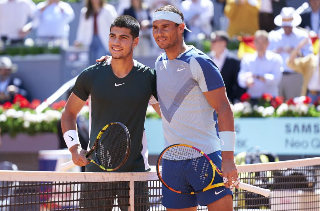 Rafael Nadal of Spain and Carlos Alcaraz of Spain 