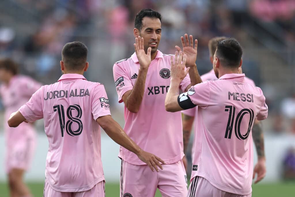 Lionel Messi of Inter Miami CF celebrates with Sergio Busquets 