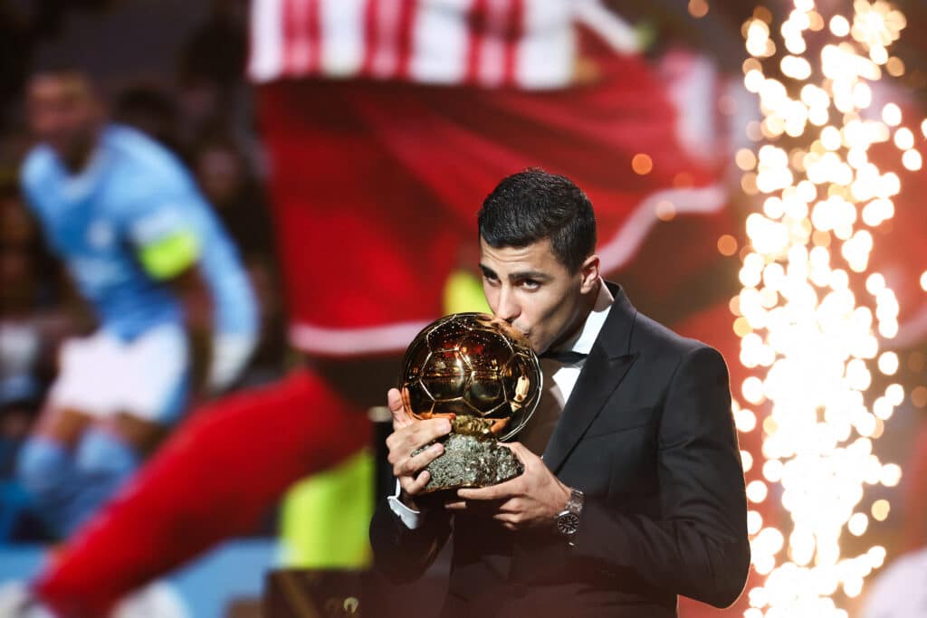 Manchester City's Spanish midfielder Rodri receives the Ballon d'Or award during the 2024 Ballon d'Or 