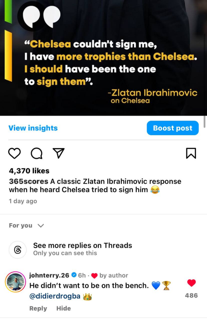 John Terry comment on 365Scores post about Zlatan Ibrahimovic