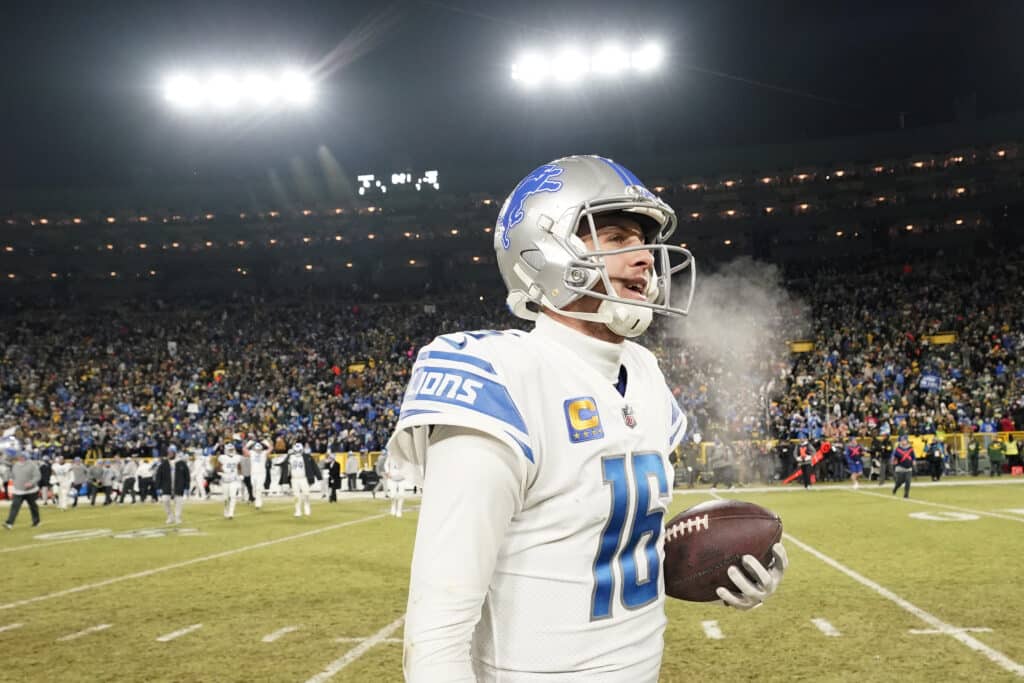 Jared Goff of the Detroit Lions celebrates 