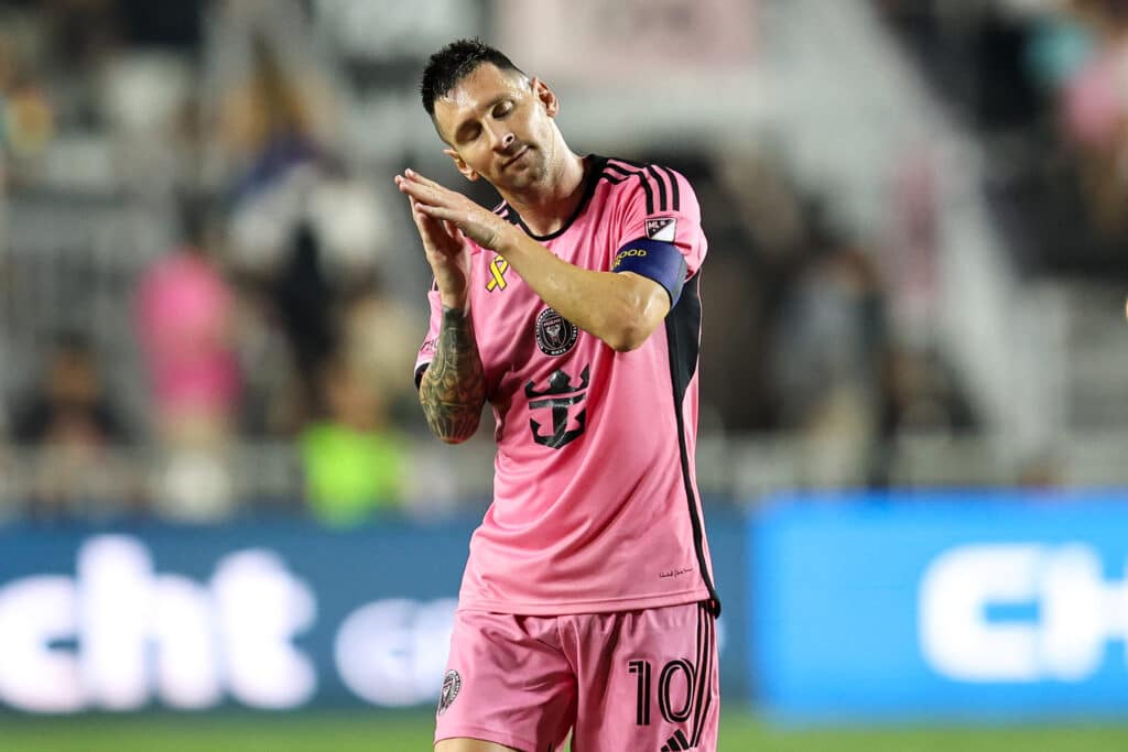 Lionel Messi celebrates his first goal during the Major League Soccer (MLS) regular season football match between Inter Miami and Philadelphia Union at Chase Stadium in Fort Lauderdale