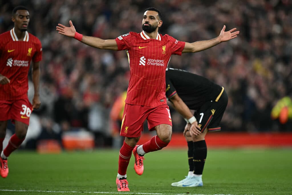 Liverpool's Egyptian striker Mohamed Salah celebrates 