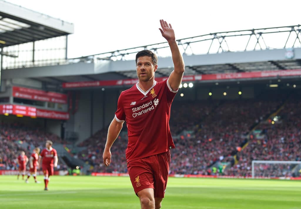 Xabi Alonso of Liverpool during the LFC Foundation charity match between Liverpool FC Legends and FC Bayern Legends at Anfield 