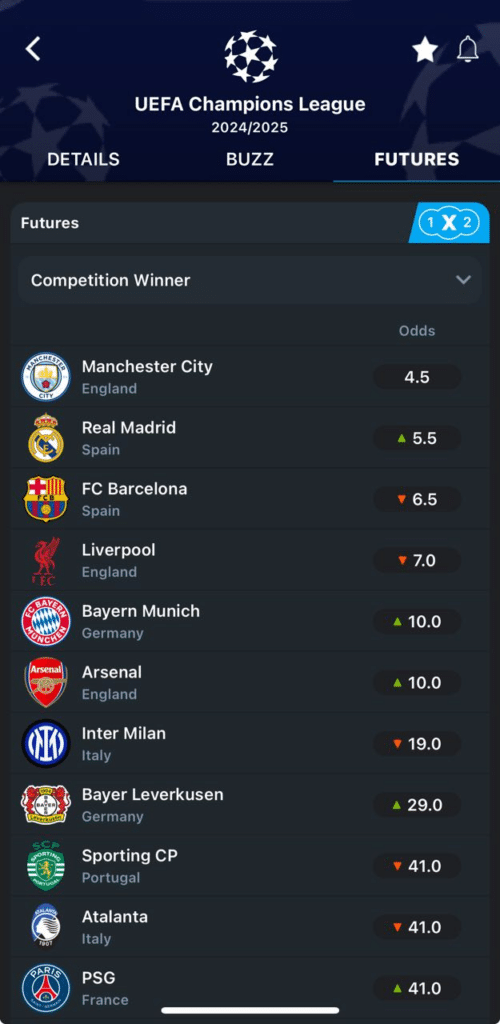 Champions League outrights/futures via 365Scores app