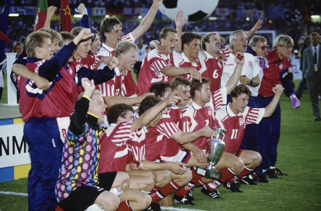 The Denmark footballers and coaches celebrate after winning the UEFA Euro 1992 final