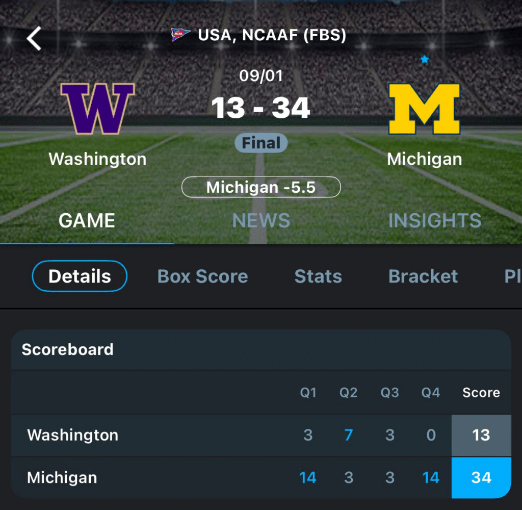 NCAAF (FBS) final in 365Scores app