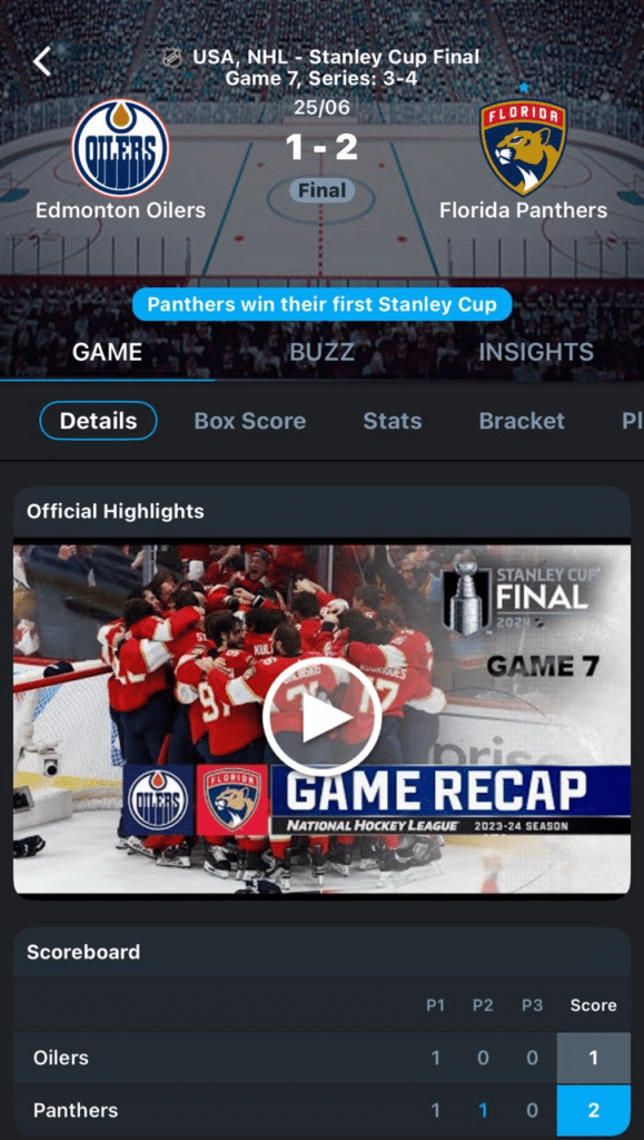 Stanley Cup final, game details in 365Scores app