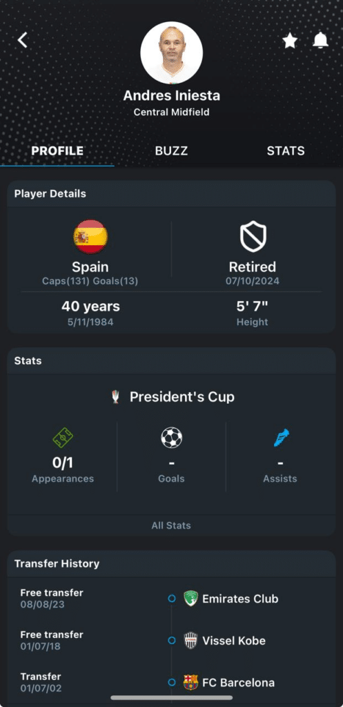 Andres Iniesta profile in 365Scores app