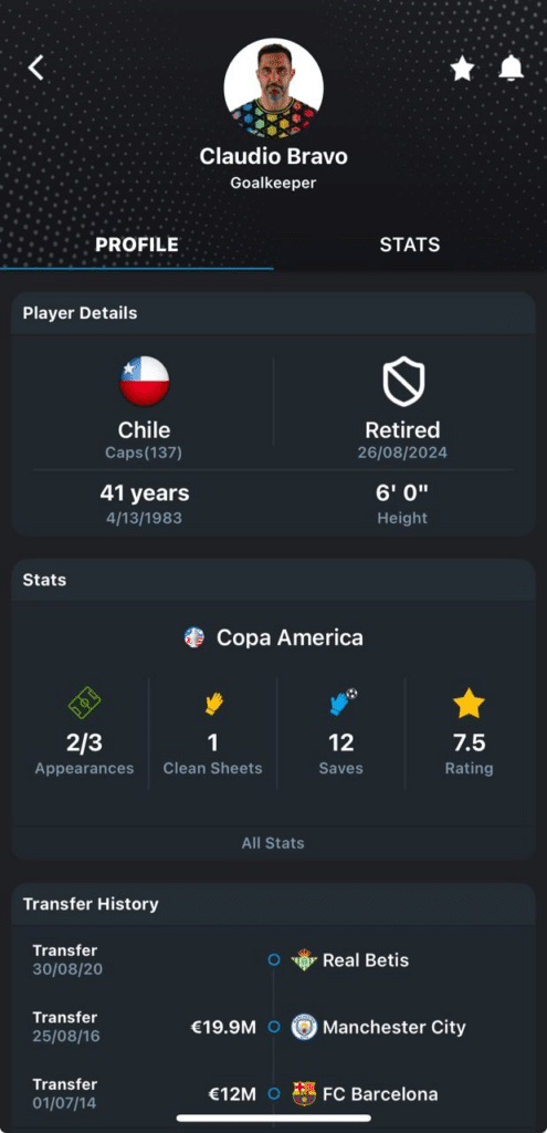 Claudio Bravo profile in 365Scores app