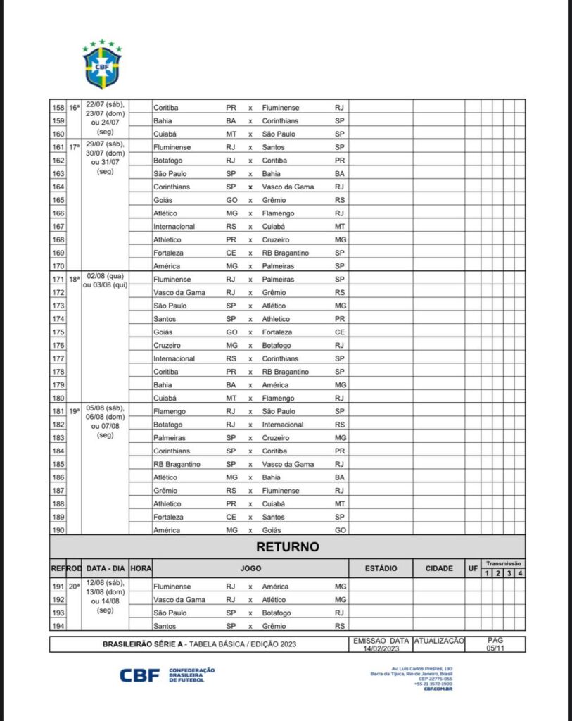 Tabela do Brasileirão 2023: CBF divulga jogos da Série A, brasileirão  série a