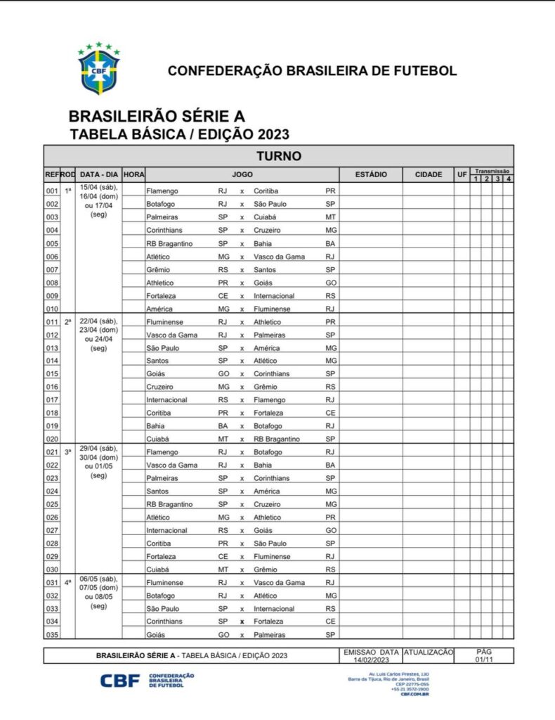 CBF divulga tabela da Série A do Brasileirão de 2023; Fortaleza
