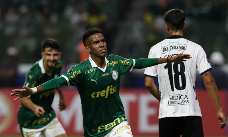 Estêvão comemora gol pelo Palmeiras na Libertadores