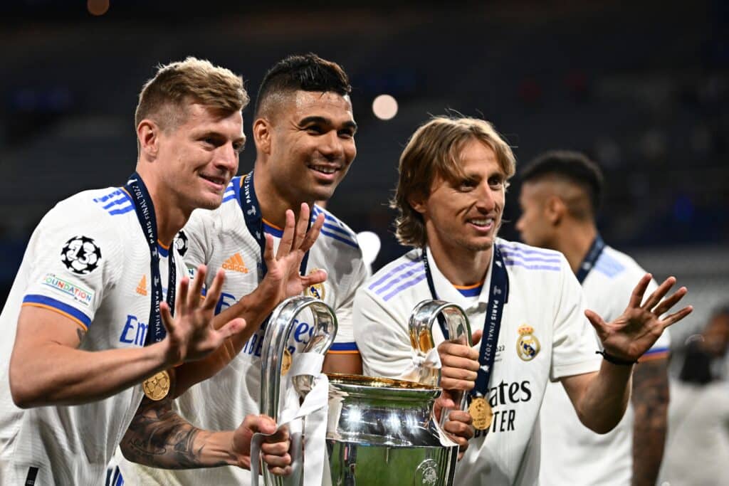 Toni Kroos, Luka Modric e Casemiro pelo Real Madrid
