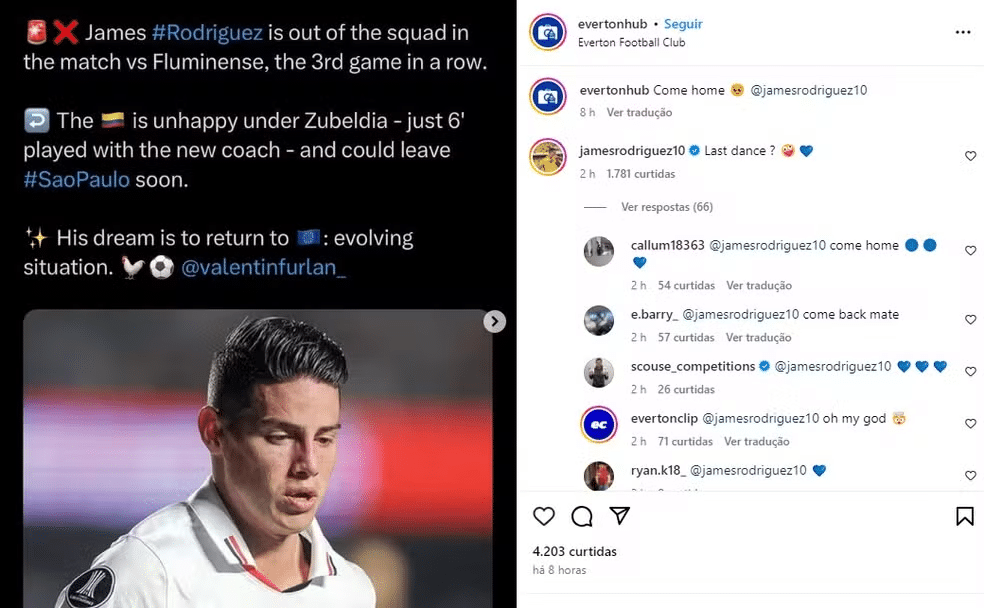 James Rodríguez, do São Paulo, comenta em post que pede sua volta ao Everton