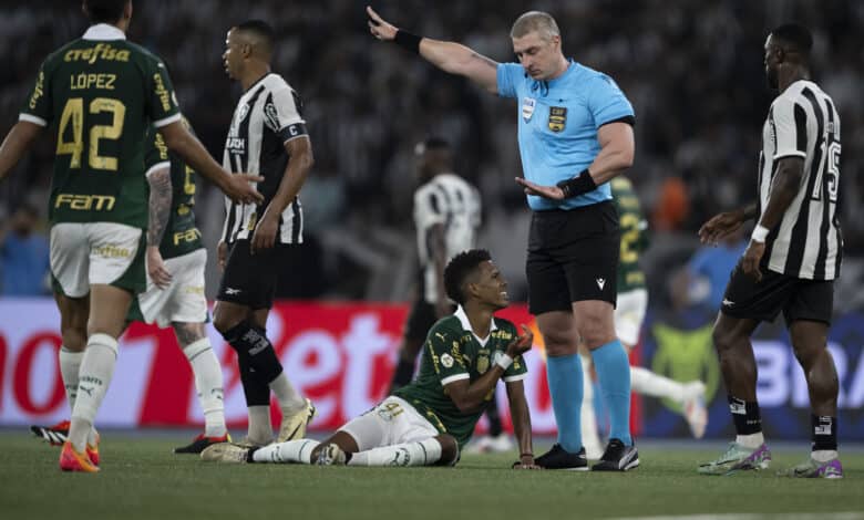 RJ - RIO DE JANEIRO - 17/07/2024 - BRASILEIRO A 2024, BOTAFOGO X PALMEIRAS - Estevao jogador do Palmeiras reclama com a arbitragem durante partida contra o Botafogo no estAdio Engenhao pelo campeonato Brasileiro A 2024. Foto: Jorge Rodrigues/AGIF