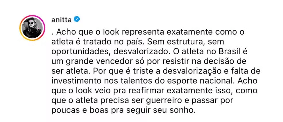 Anita critica uniforme do Brasil na Olimpíada COB