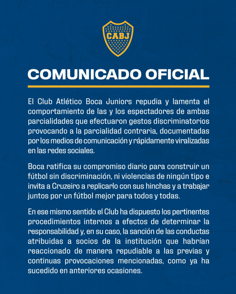 Boca Juniors repudia atos racistas de torcedor, mas cita provocação de cruzeirenses