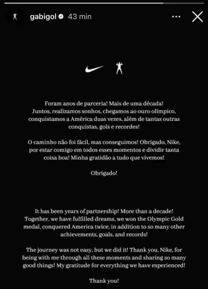 Gabigol anuncia fim da parceira com a Nike