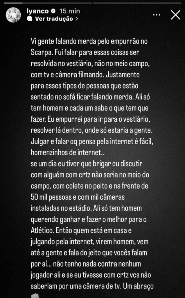 Lyanco desabafa sobre empurrão em Scarpa: "Não foi pra brigar, mas ajudar"