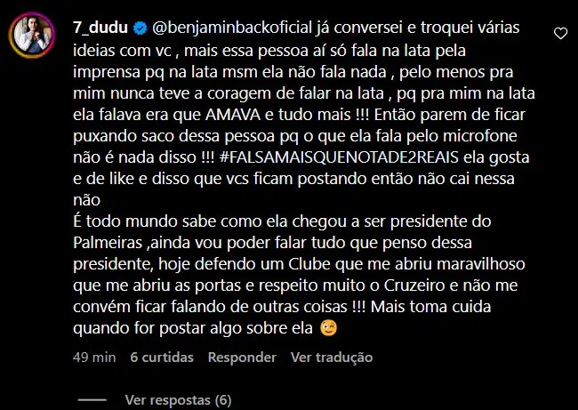 Leila Pereira irá processar Dudu por declaração nas redes sociais